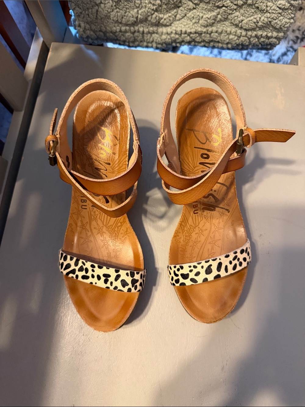 Blowfish Tan Ankle-Strap Leather Wedge Sandals with Leopard-Print Toe Band